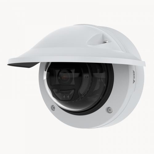 AXIS P3265-LVE Dome Camera with weathershield mounted on wall from left
