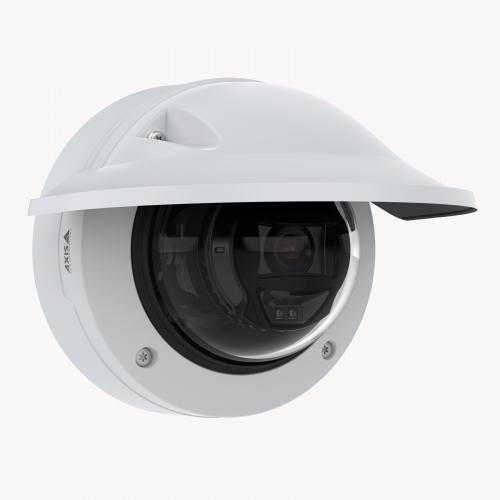 AXIS P3265-LVE Dome Camera with weathershield mounted on wall from right