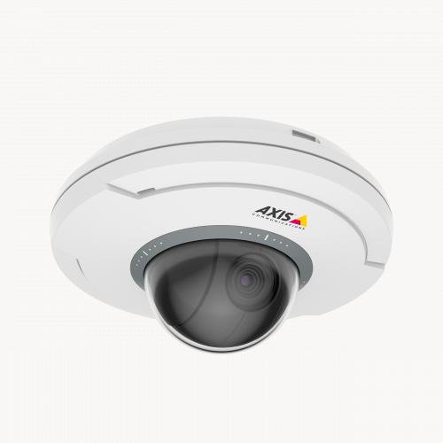 Czarno-biała kamera AXIS M5075 z logo AXIS, widok pod kątem z prawej strony