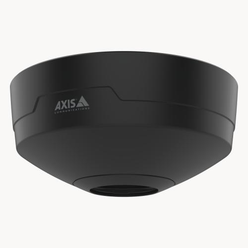 Camera AXIS TM3819 Casing in black color, viewed from its front and mounted in ceiling.