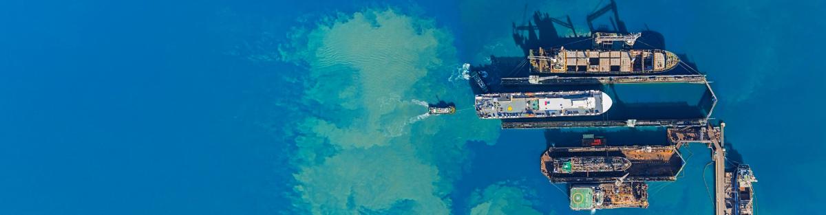 Ships, shipyard on the ocean seen from above