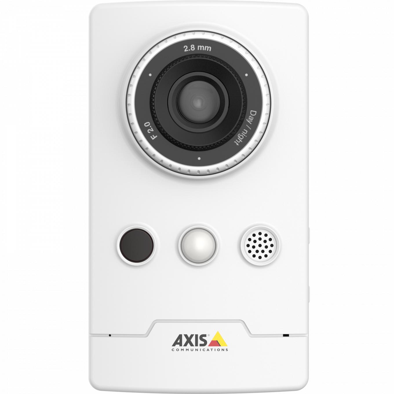 AXIS M1065-L IP Camera è dotata di microfono e mini-altoparlante integrati. La telecamera è vista da davanti. 
