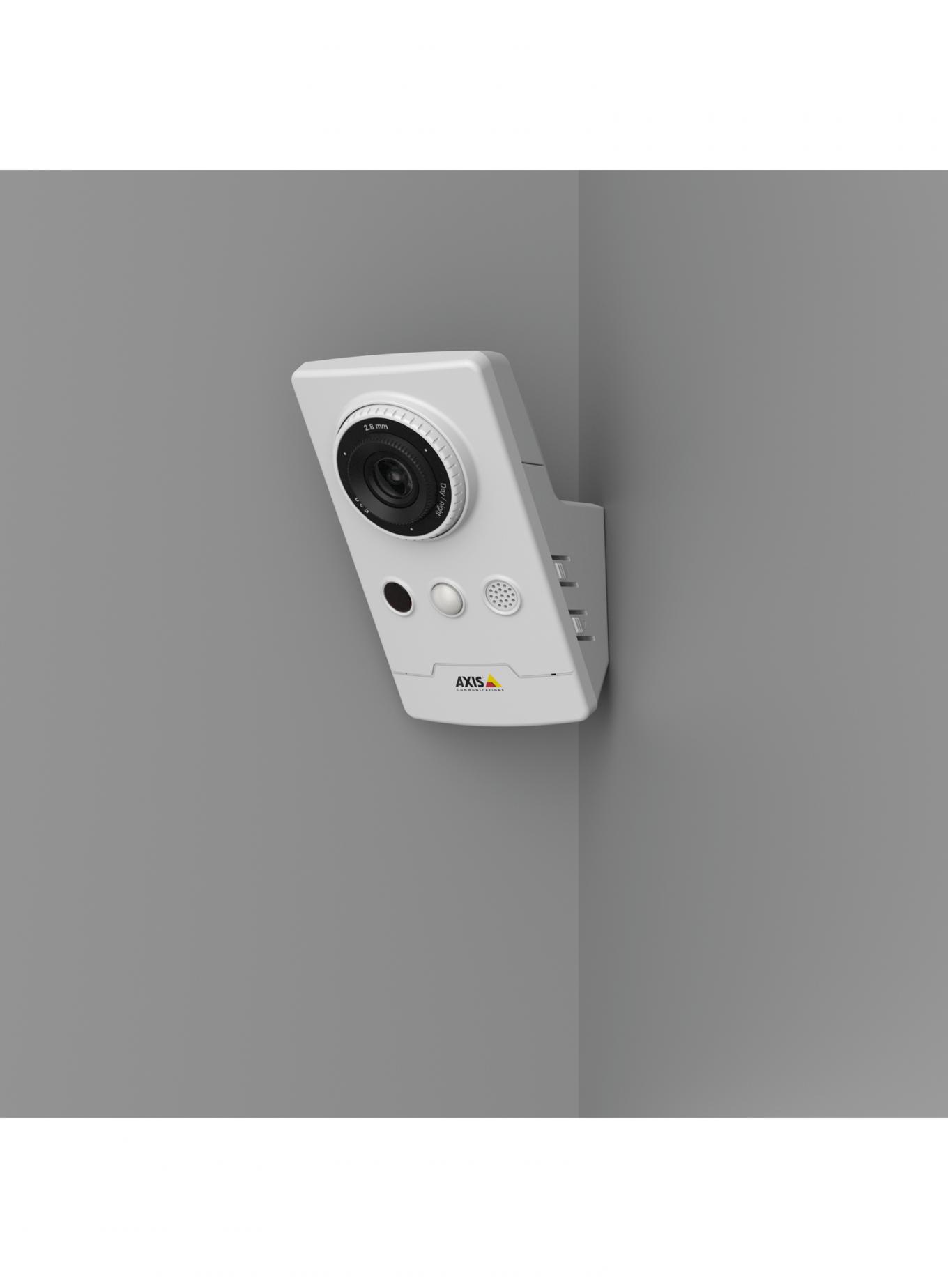 AXIS M1065-L IP Camera mounted on a grey wall in the corner