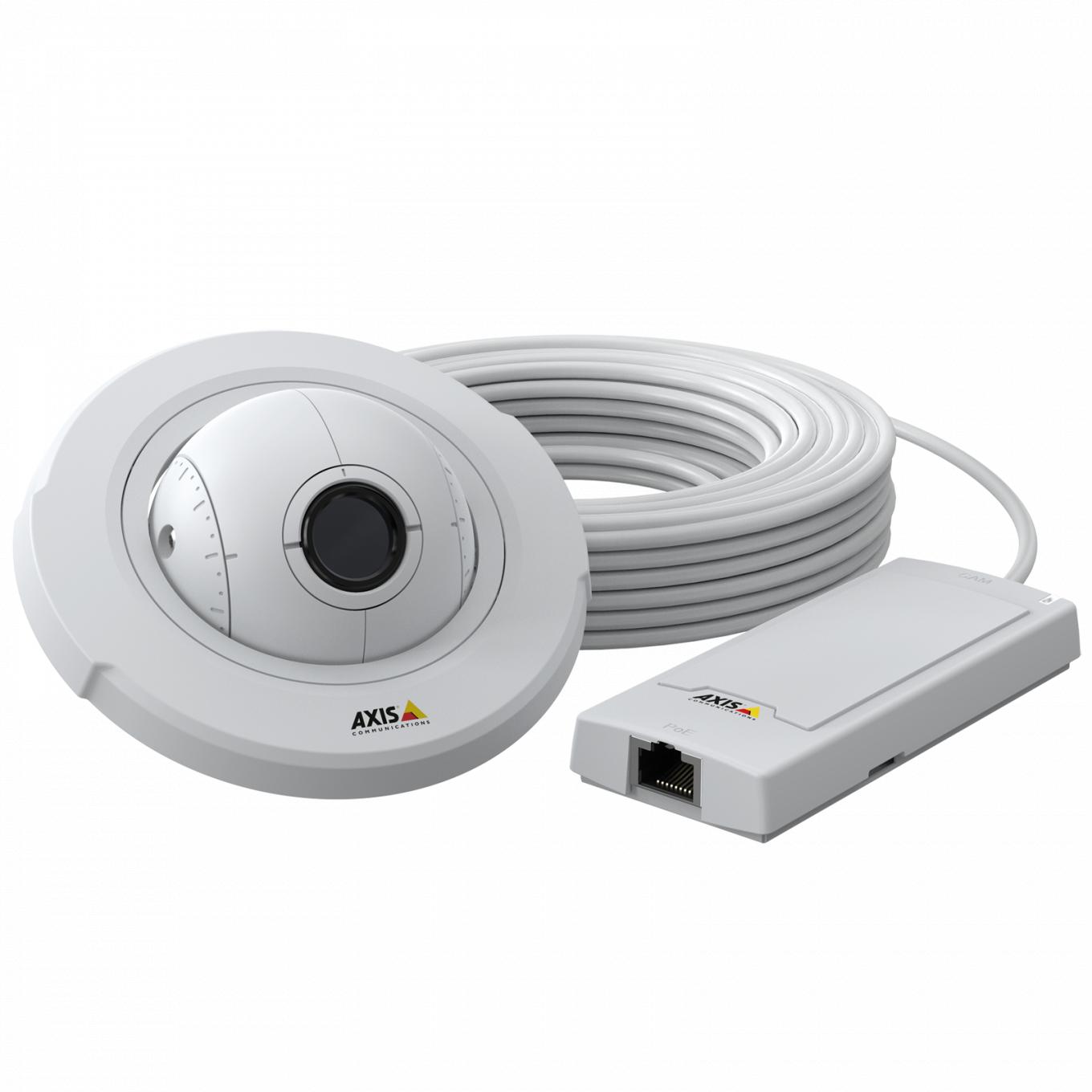 Caméra blanche de forme ronde avec câbles acheminés dans un boîtier compact.