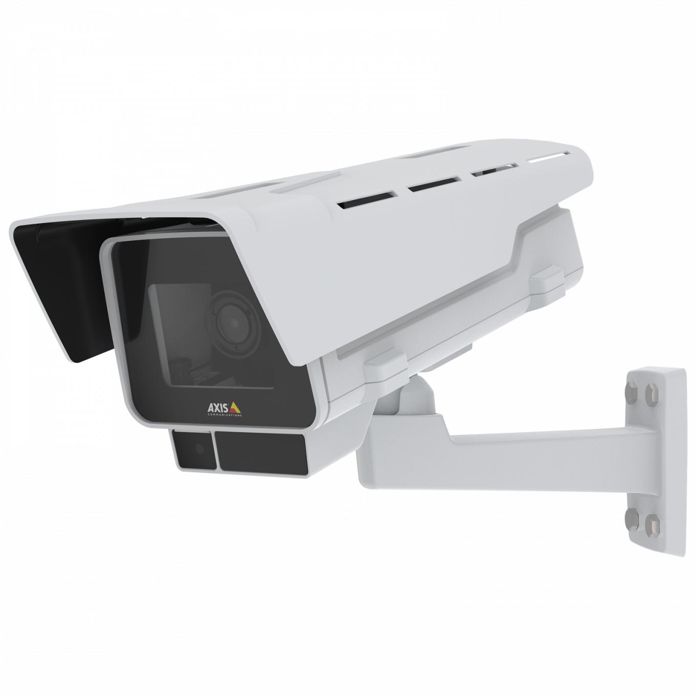 Die IP-Kamera AXIS P1377-LE verfügt über OptimizedIR und Forensic WDR. Ansicht des Produkts von links.