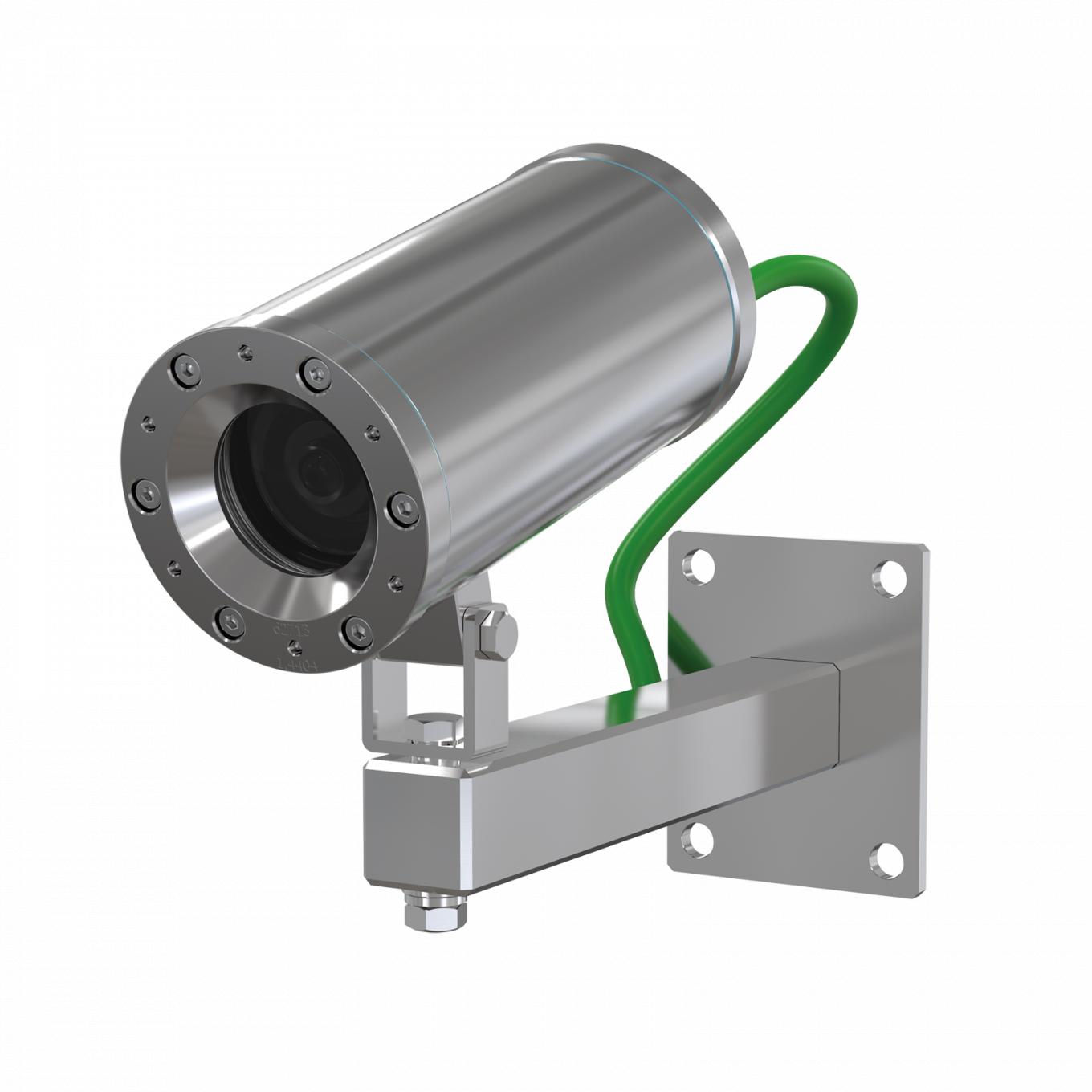 ExCam XF M3016 Explosion-Protected IP Camera цвета нержавеющей стали, установленная на стене