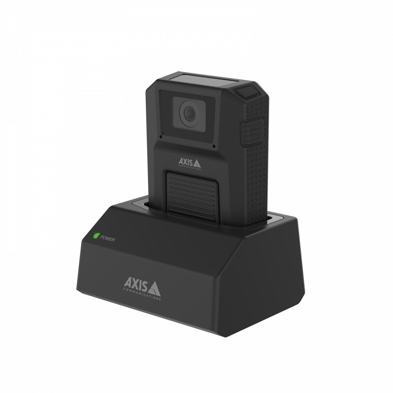 AXIS W700 Docking station 1-bay from left with AXIS W100 body worn camera