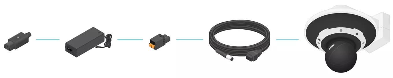 illustration of typical set up for AXIS Power Cable 24 V 7 m (23 ft)