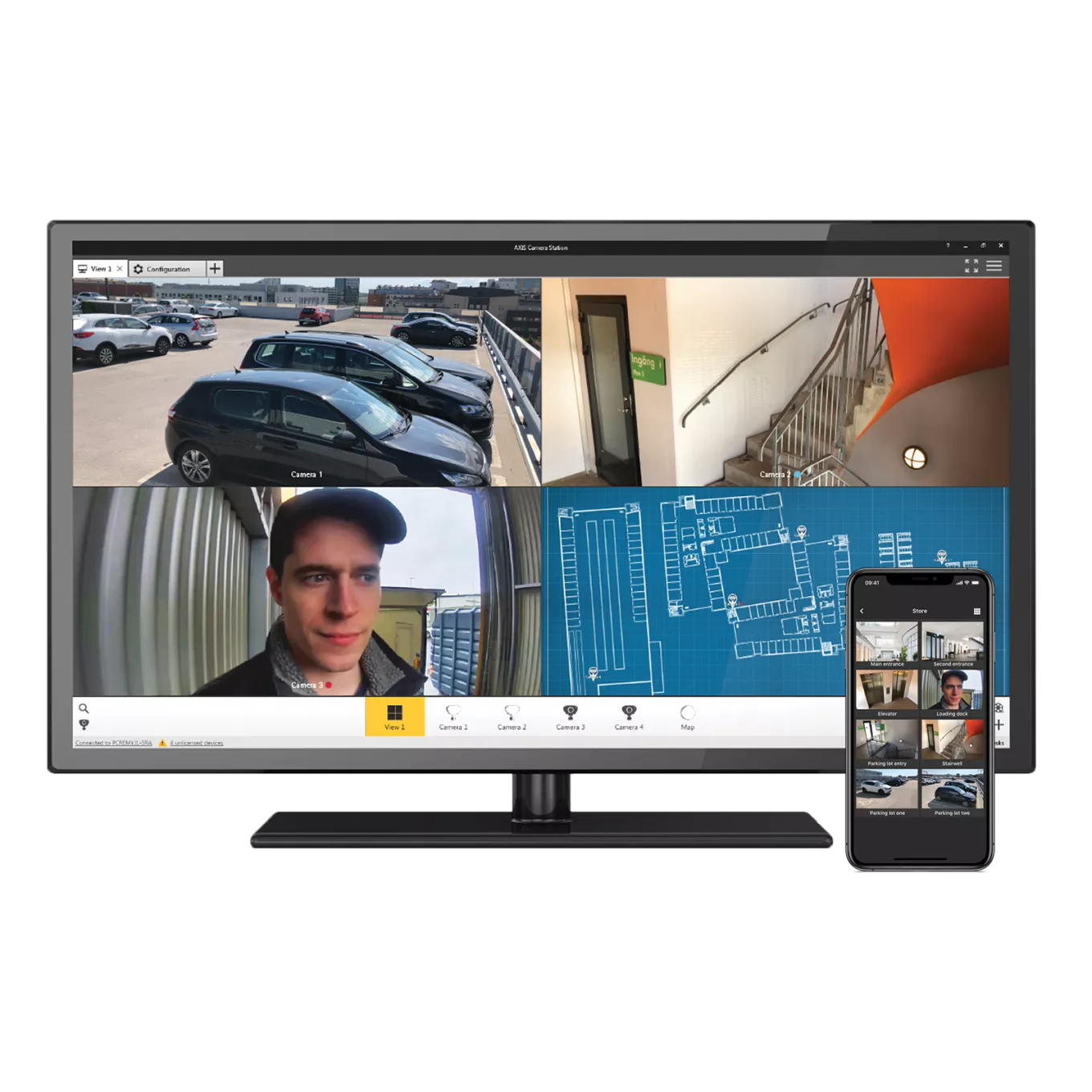 computer with four screen presenting videos surveillance scenarios