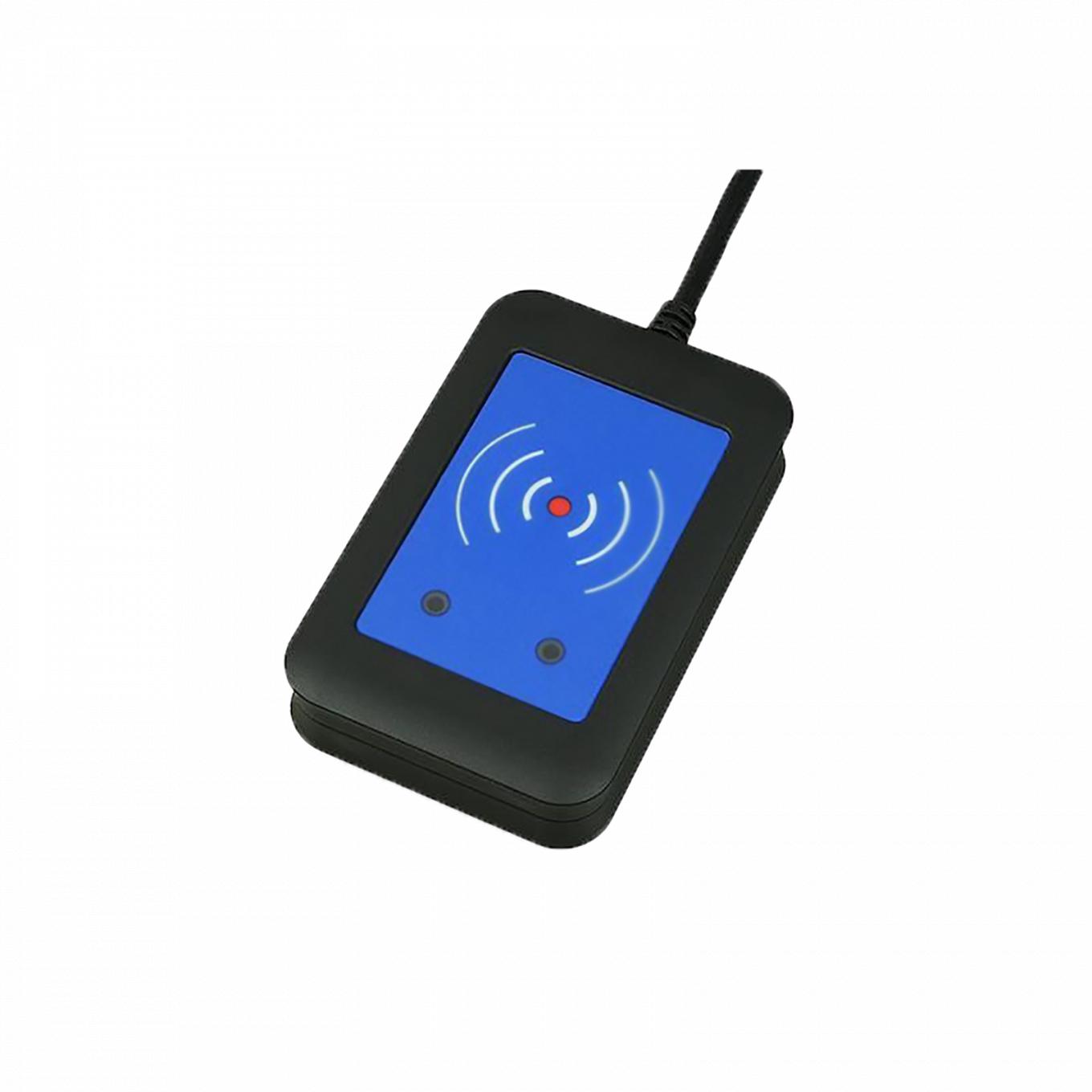 External RFID Card Reader 125kHz + 13.56MHz with NFC (USB), viewed from its left angle