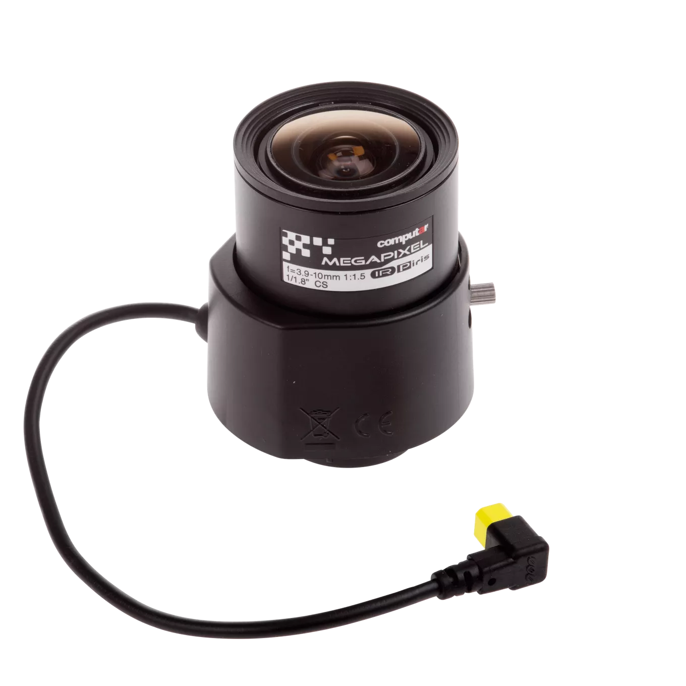 Black lench angled upwards whit its cord coming out from its right side