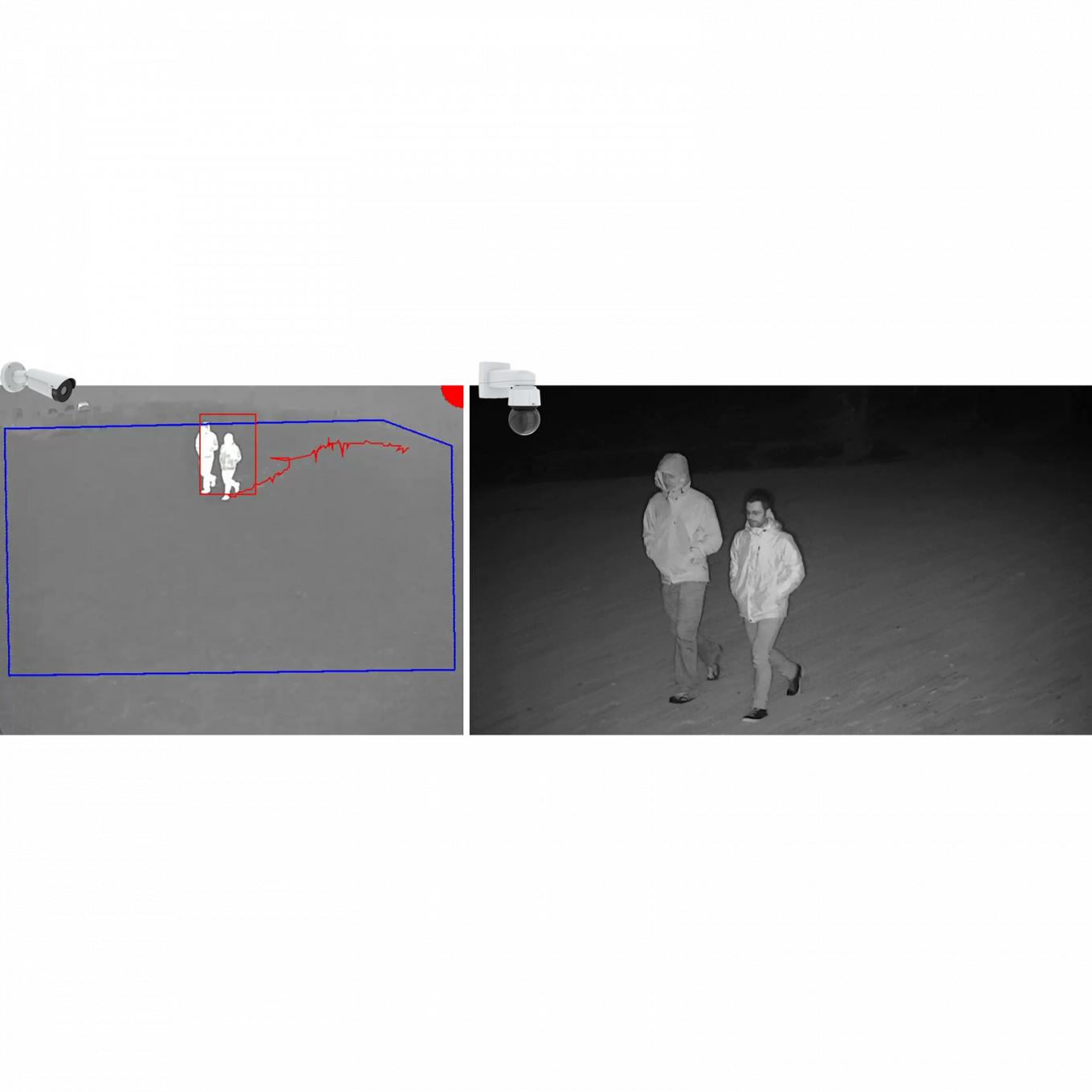 Dos fotografías en negro y gris de dos personas caminando. Dos cámaras en ángulo desde la derecha.