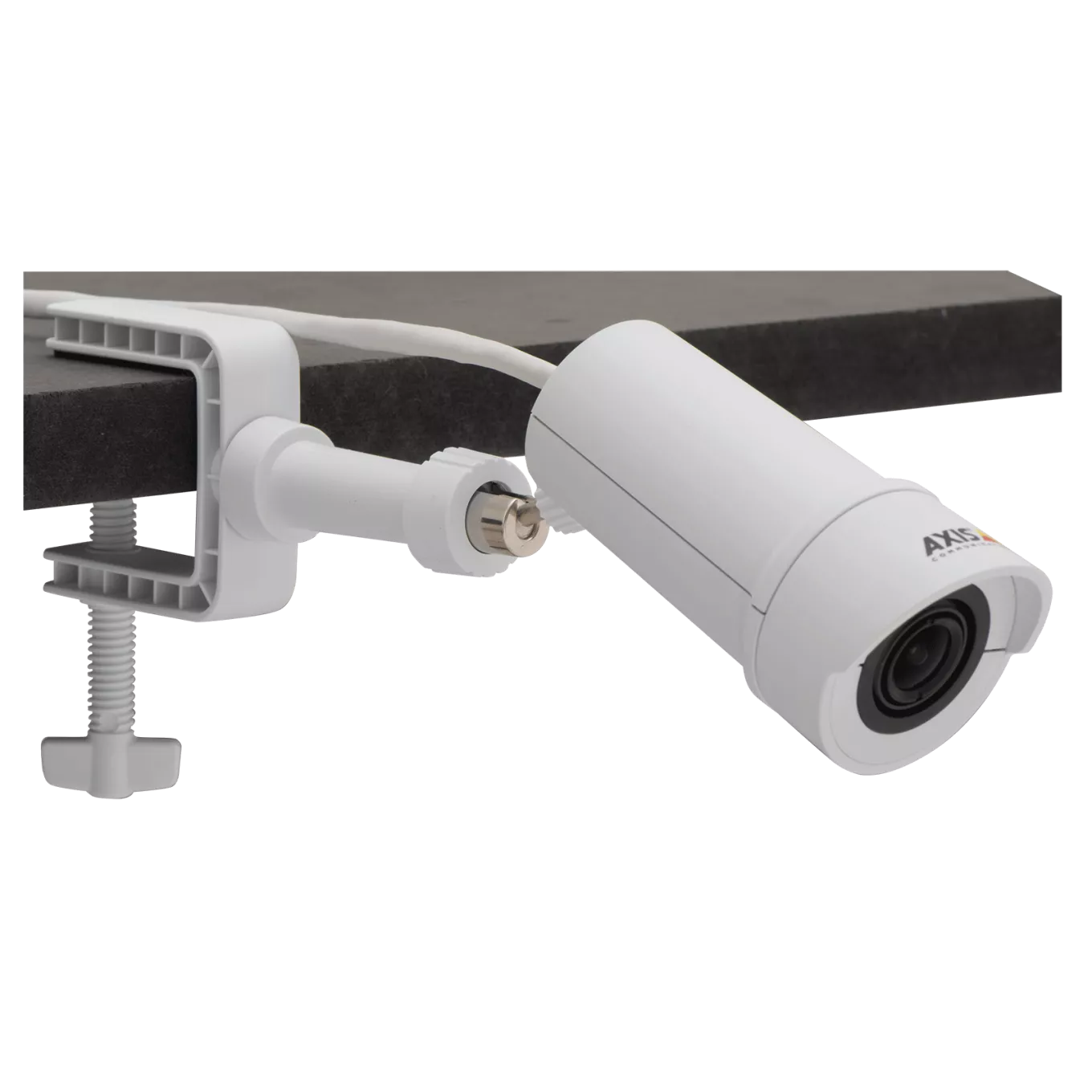 AXIS F8205 Bullet Accessory mit AXIS F1005-E Sensor Unit an einer Klemme montiert, von rechts
