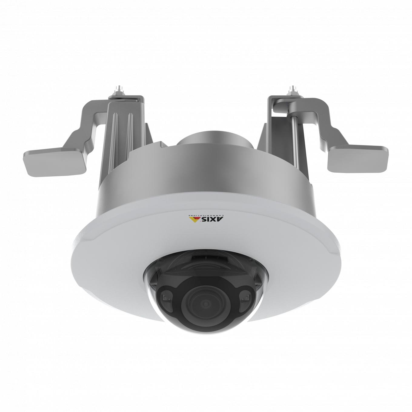 AXIS TM3207 Plenum Recessed supporto di montaggio di colore argento con telecamera nera vista da davanti