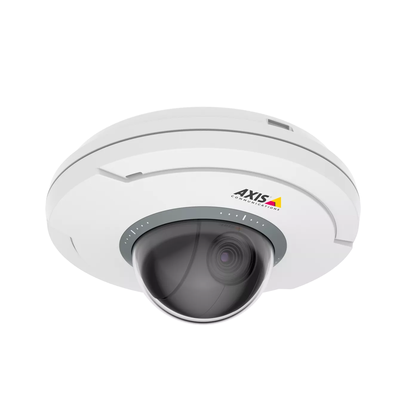 Câmera AXIS M5075 branca e preta com o logotipo AXIS em ângulo para a direita