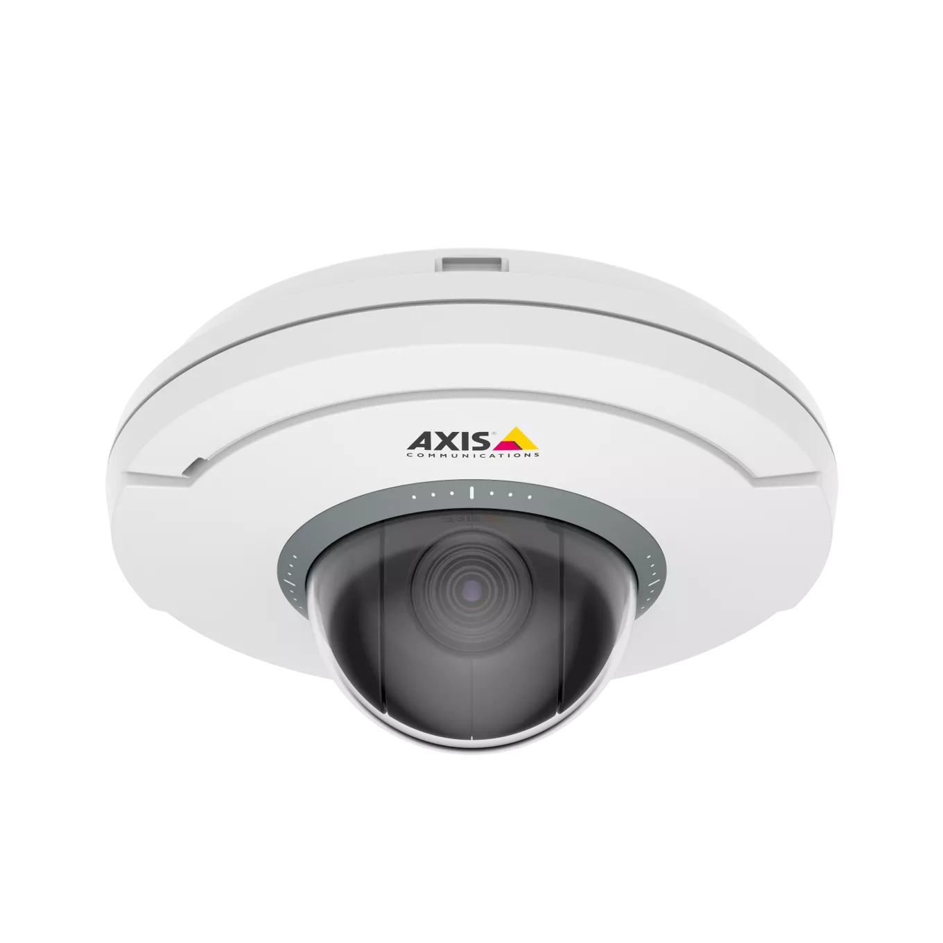 M5074 PTZ Camera black and white with a Axis logo viewed from its front