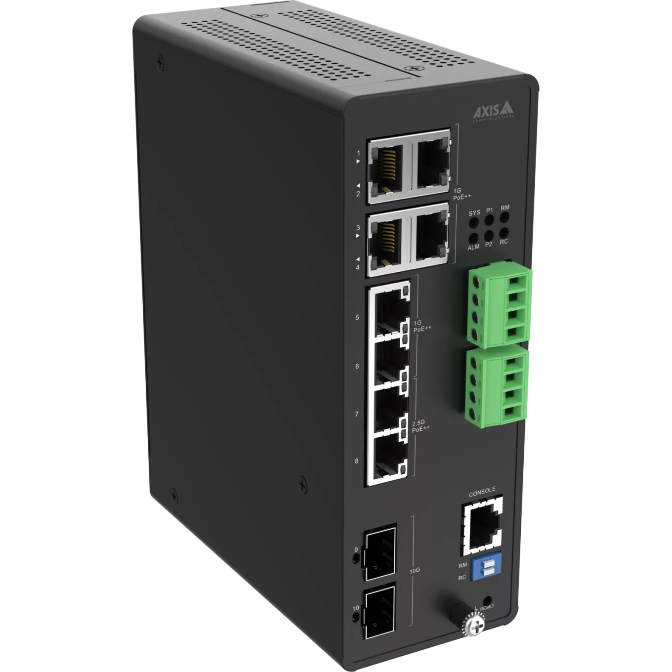 AXIS D8208-R Industrial PoE++ Switch, viewed from its right angle