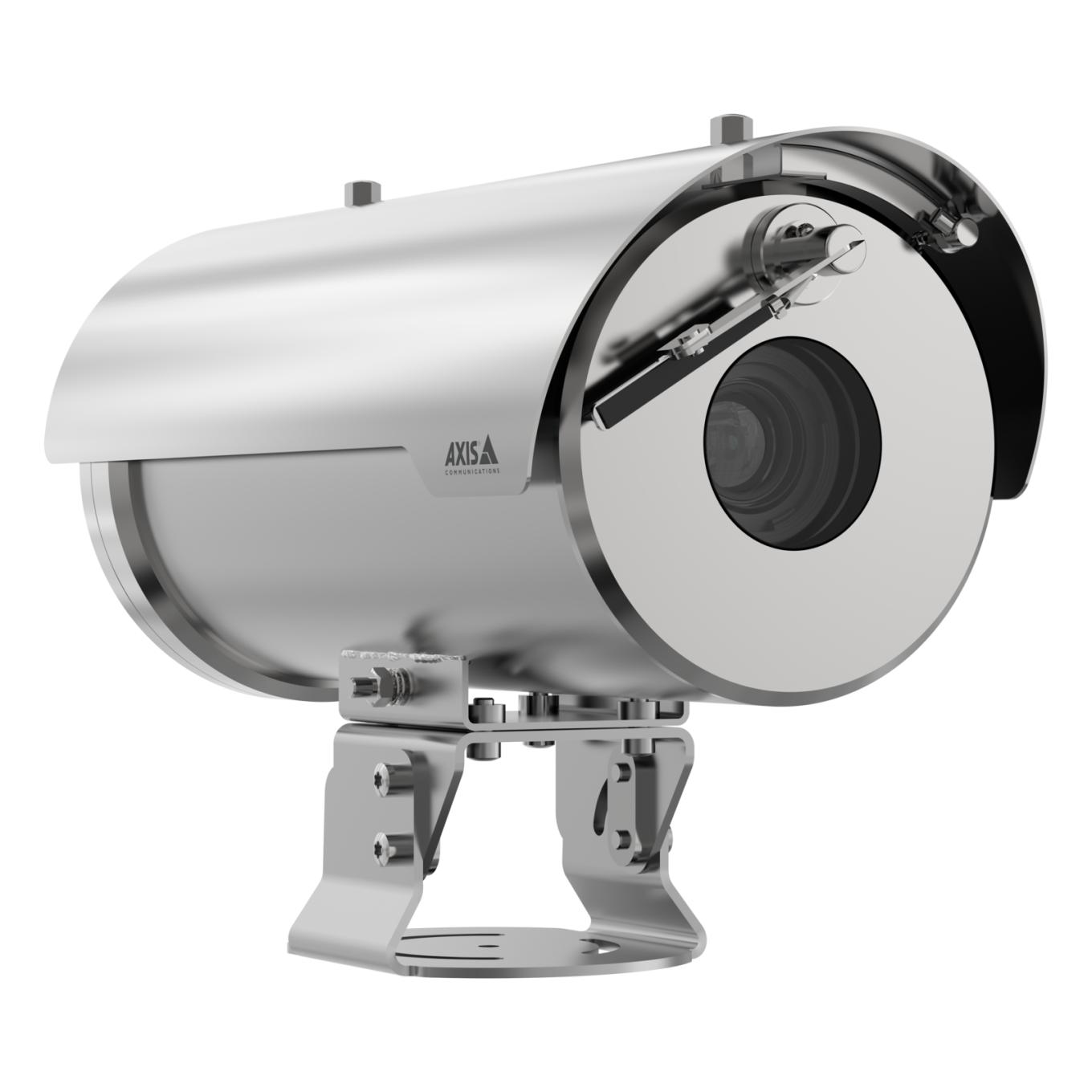 Silberfarbene Kamera AXIS XFQ1656, vom rechten Winkel aus gesehen.