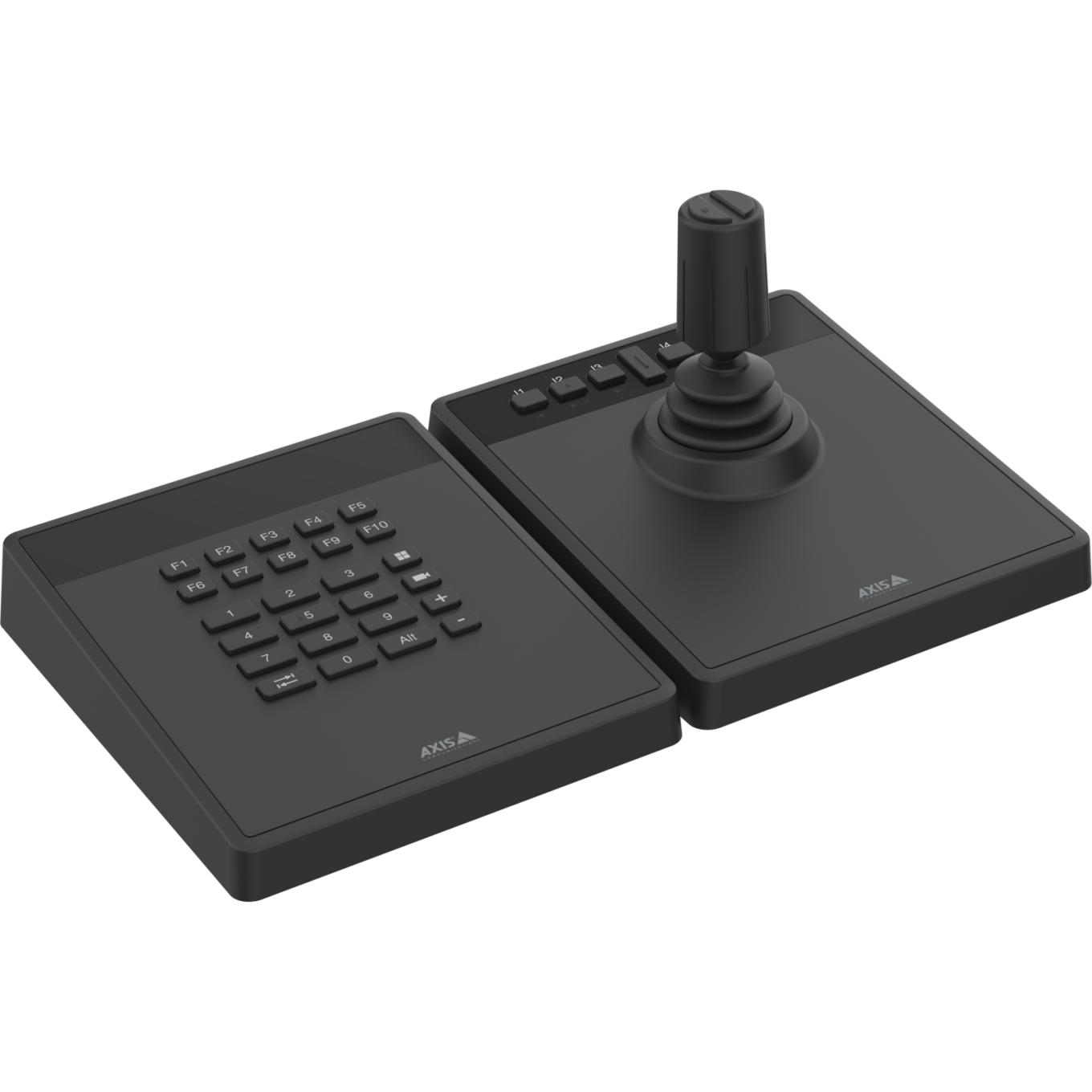AXIS TU9001 Control Board para gerenciamento profissional de câmeras e vídeo, teclado e joystick próximos um ao outro, sem texto no visor LCD