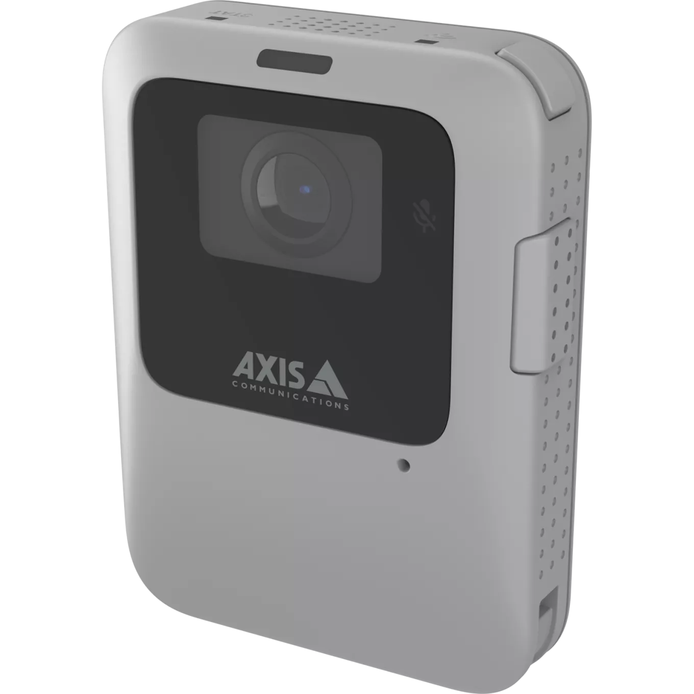 Grey and square shaped AXIS W110 Body Worn Camera with a black lens and the AXIS logo.