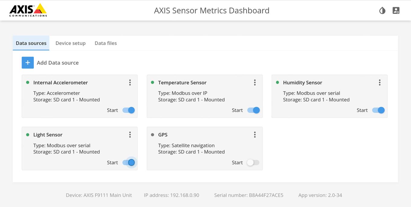 AXIS Sensor Metrics Dashboard를 나타내는 데이터 화면