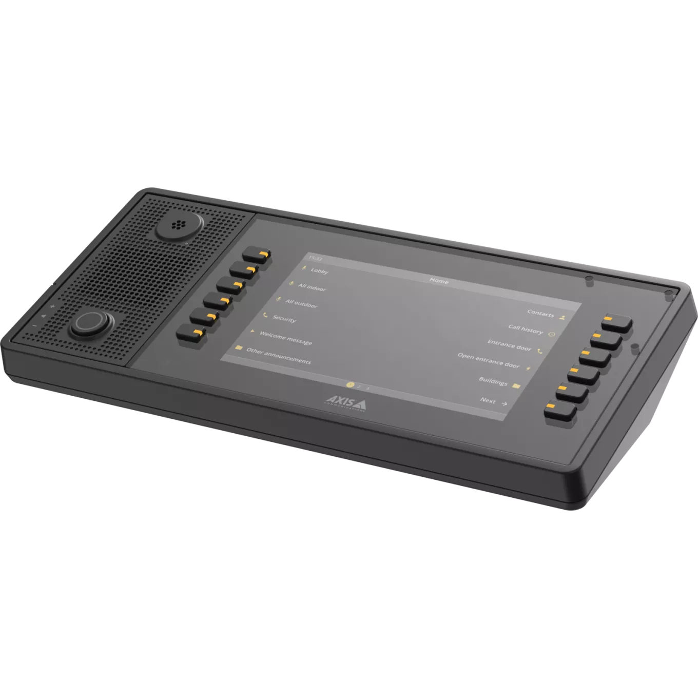 Black AXIS C6110 Network Paging Console viewed from its left