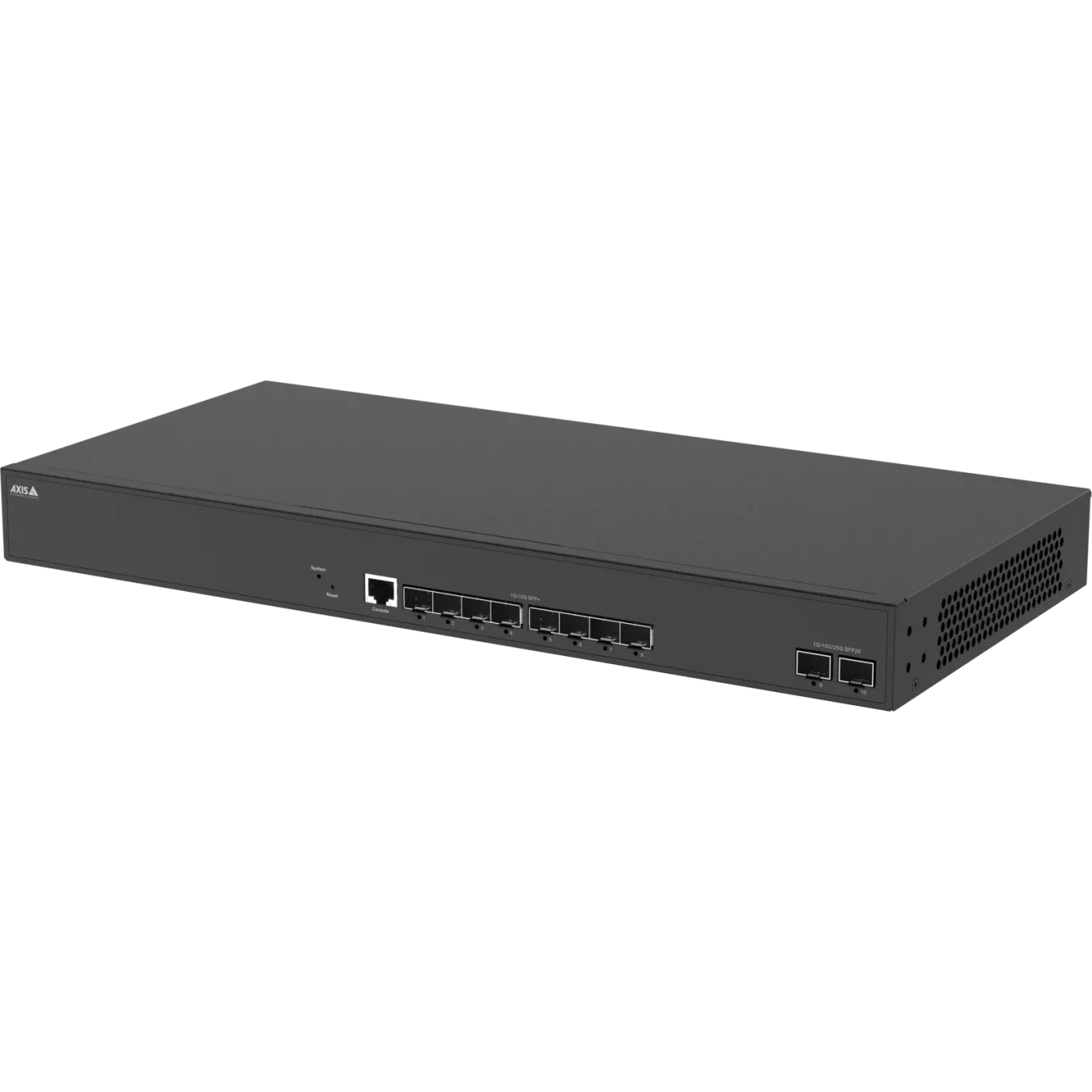 Black AXIS D8308 Fiber Aggregation Switch viewed from its left angle