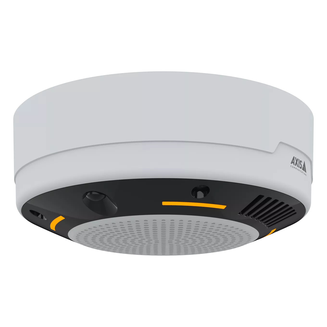 Ceiling-mounted air quality sensor with amber LEDs glowing.