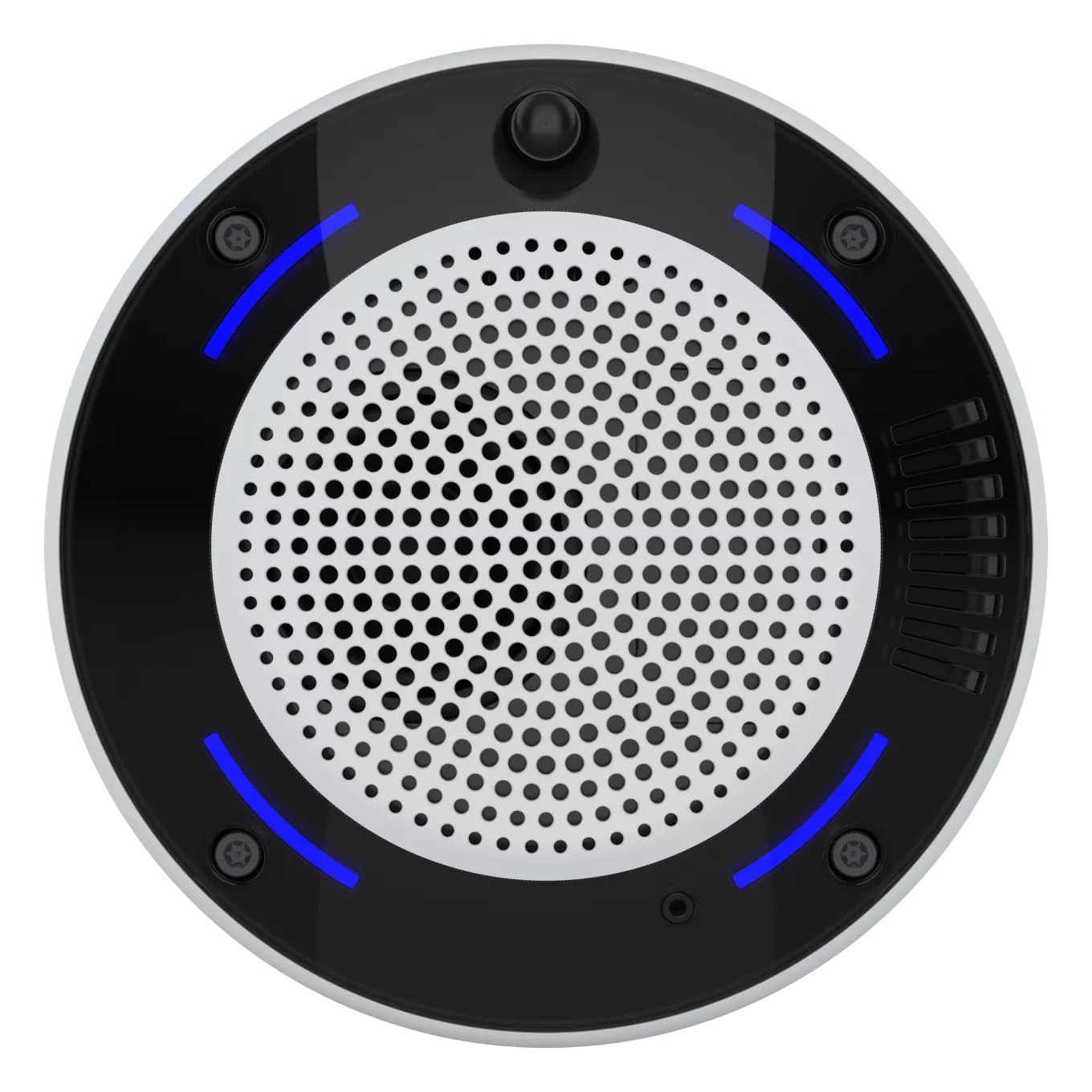 Front-facing air quality sensor with blue LEDs glowing.