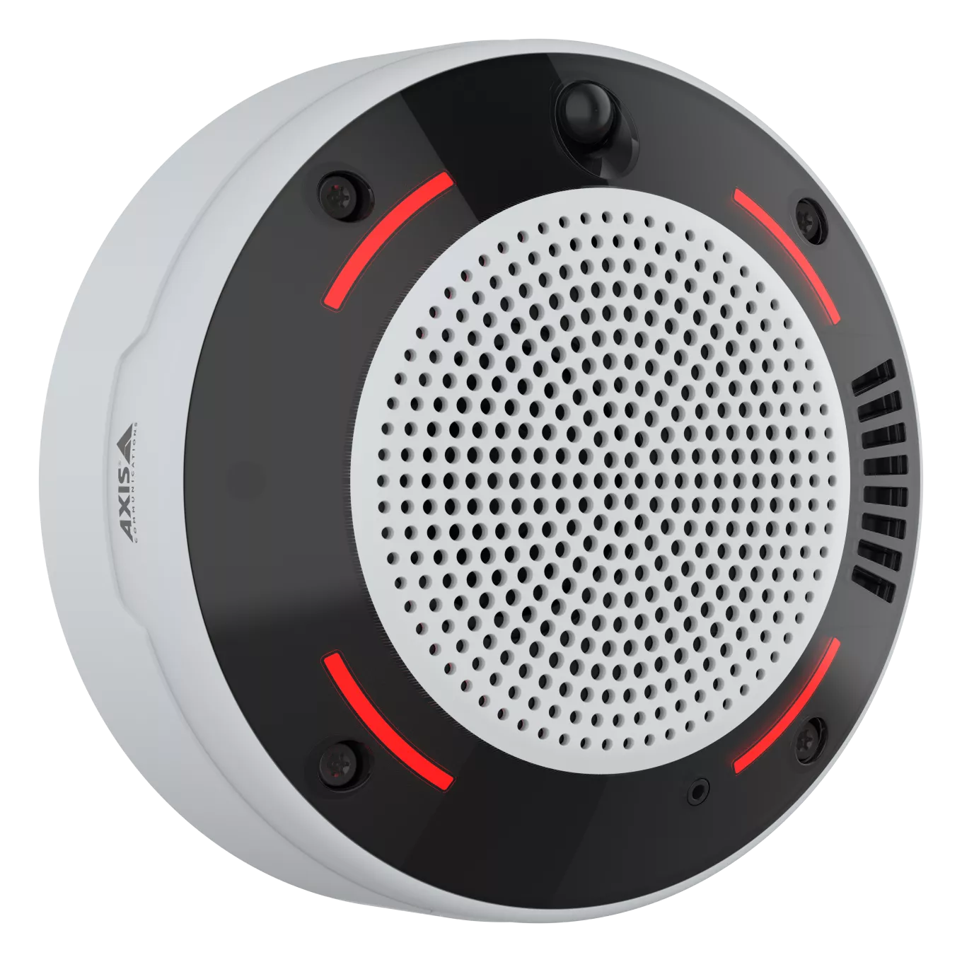 Air quality sensor facing right, with red LEDs glowing.