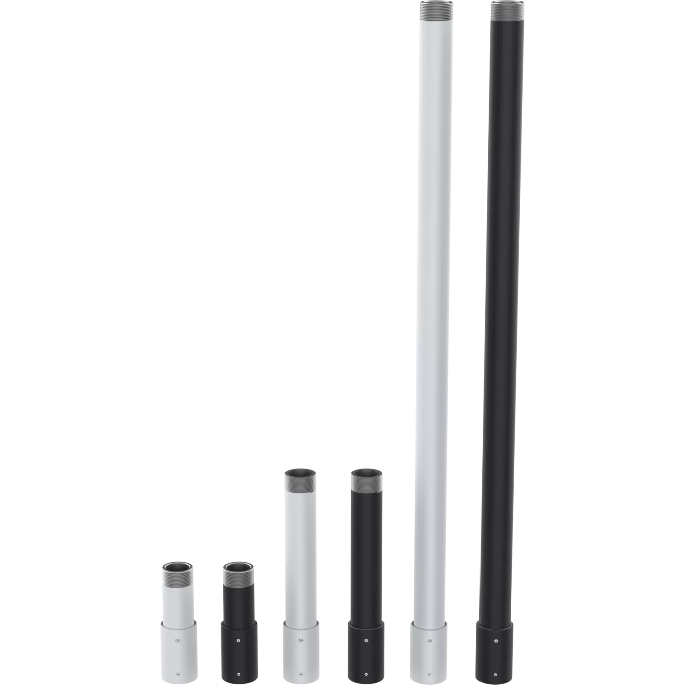 Series of pipes including AXIS TP3908-E Extension Pipe viewed from their fronts.