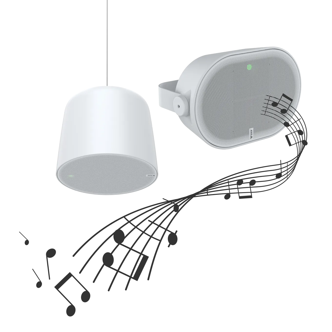 An image with AXIS C1511 Network Pendant Speaker and AXIS C1110-E Cabinet Speaker together with music tones symbols. 