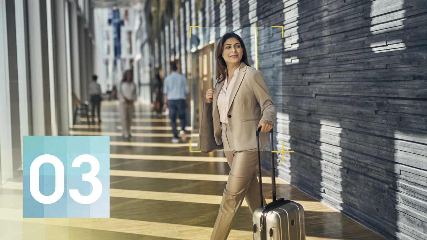 Woman standing at a station, with and illustrated analytics box around her
