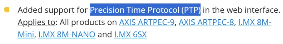 Image of PTP in AXIS OS 12.7 release notes,