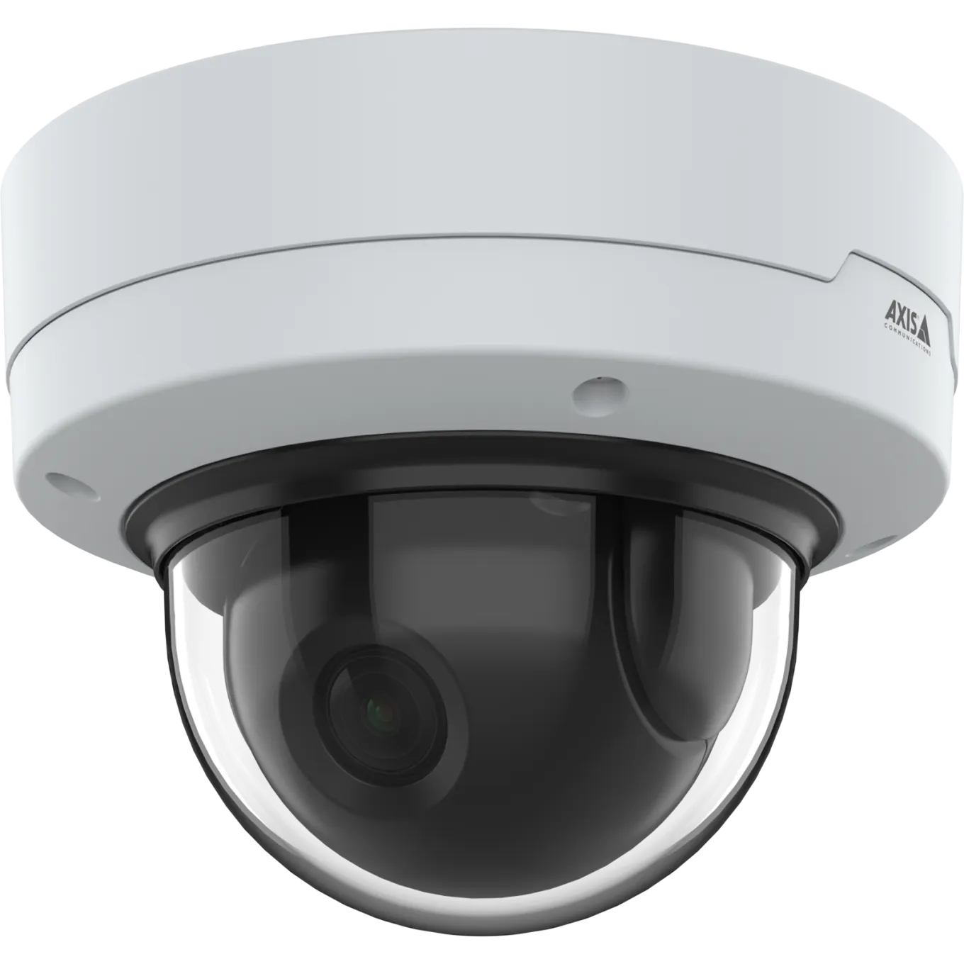 AXIS P3408-VE Dome camera in white, viewed from the left mounted on ceiling 