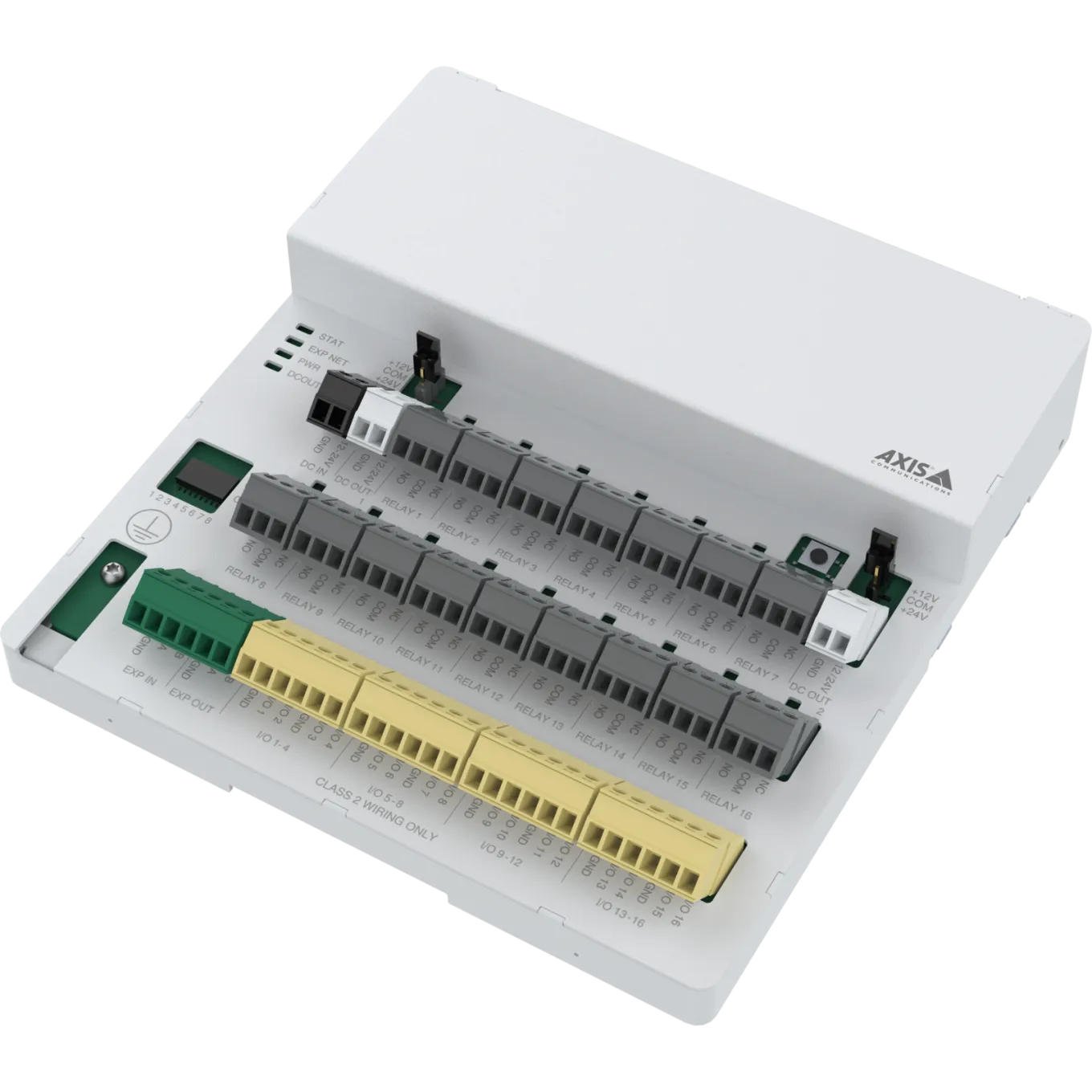 White AXIS A9920 I/O Relay Expansion Module, visto desde su ángulo izquierdo