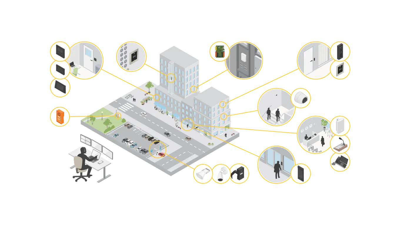 Illustration of a commercial real estate with circles that shows more detailed information on the building.