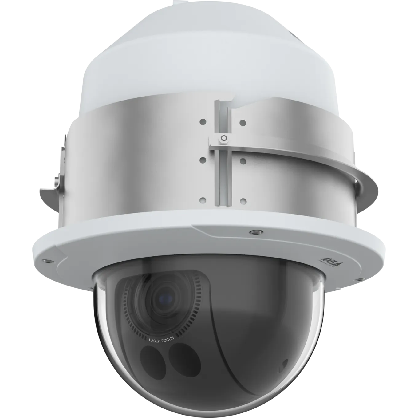 Steel AXIS TQ6202-E Recessed Mount on top of camera viewed from its front.