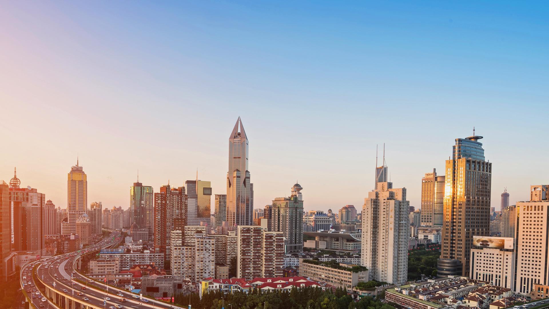 City skyline in sunset, highways