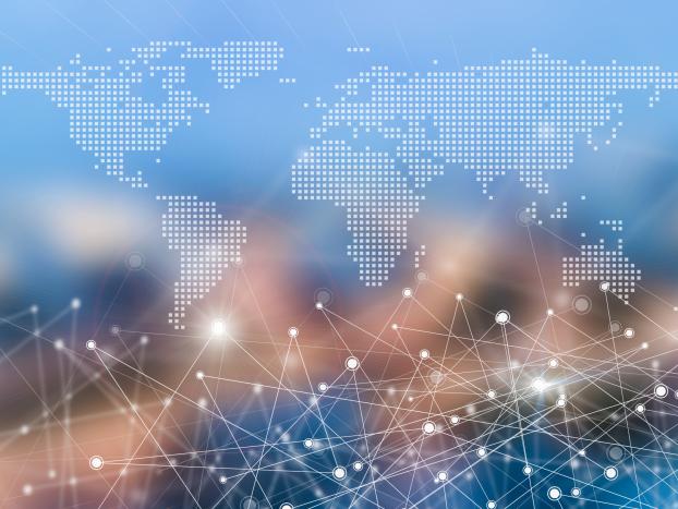 Illustrated map over a blurry blue and yellow background. Constellation connectors on lower half.